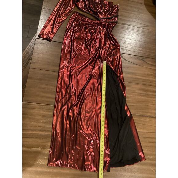 Marchesa Notte One-Shoulder slit Gown Metallic Red Cut Out Maxi Midi Dress 8 NWT - Picture 9 of 17